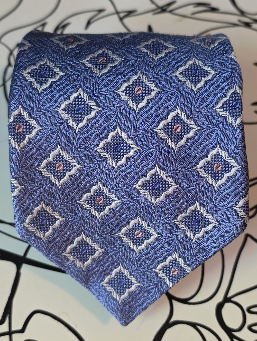 Robert Talbott Extra Long Silk Tie Blue Geometric XL 63" Long 4" Wide Hand Sewn
